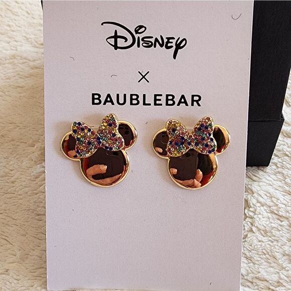 NEW Disney X Baublebar Gold Rainbow Rhinestone Minnie Mouse Earrings - Picture 3 of 5